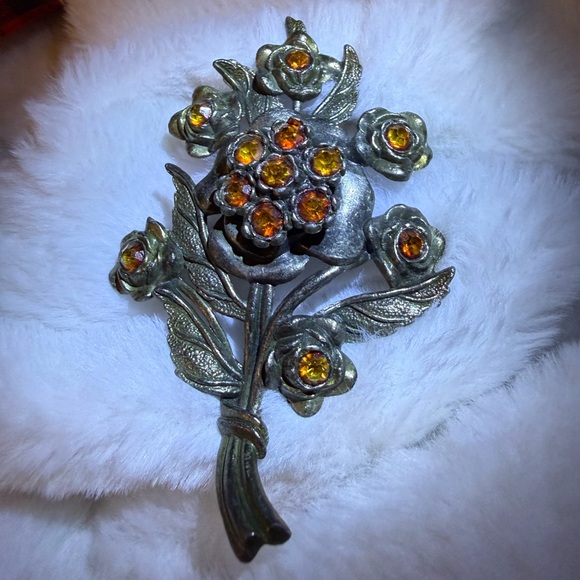 Little Nemo Flower Bunch Amber Rhinestone Bouquet LN/25 Vintage Silver Tone - Picture 7 of 12